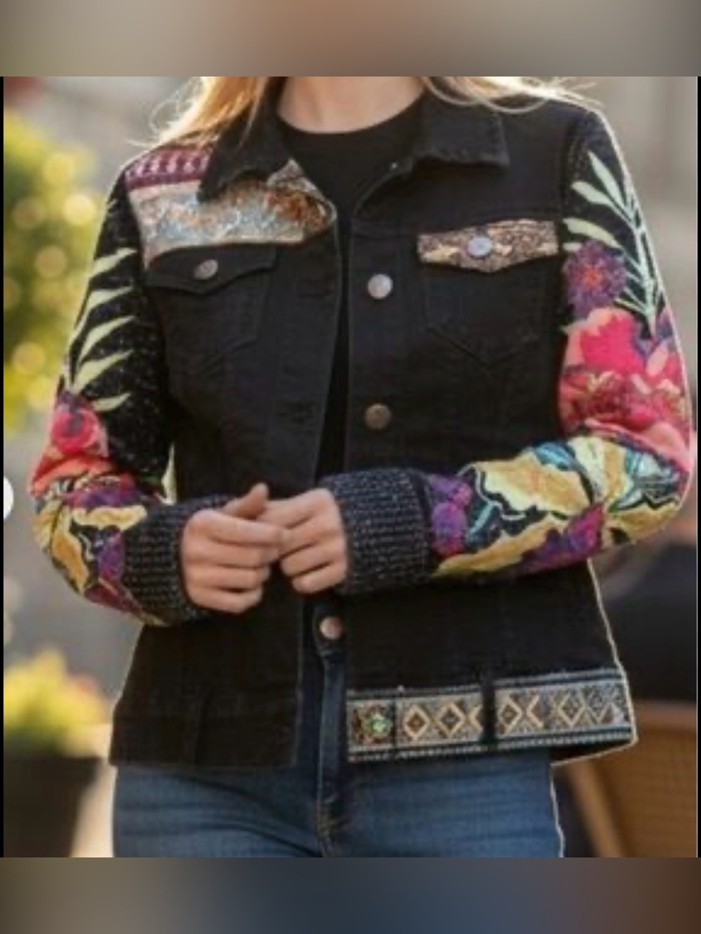 Desigual Claudia Patchwork Denim Jacket Knit Floral Sleeve Boho Trucker Black 40